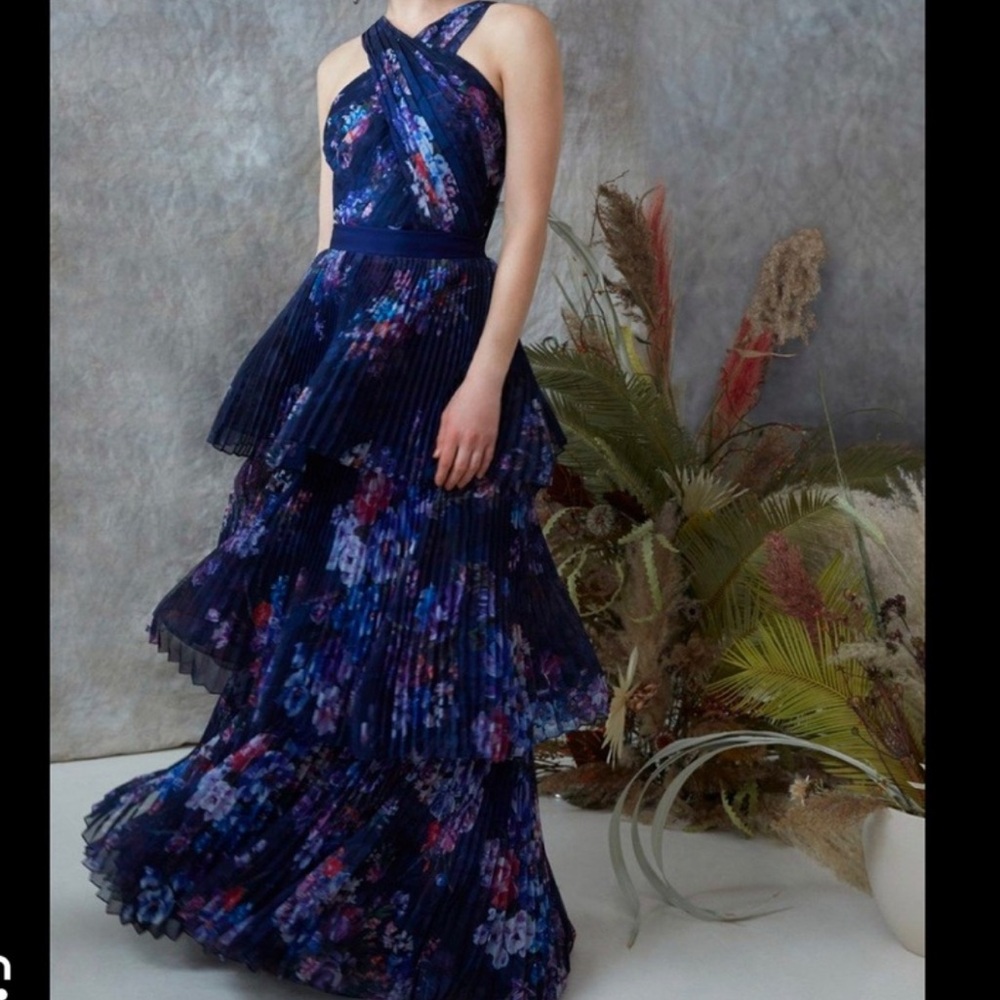Marchesa Notte Navy Floral Pleated Tiered Maxi Dress Size 8 #specialoccasion